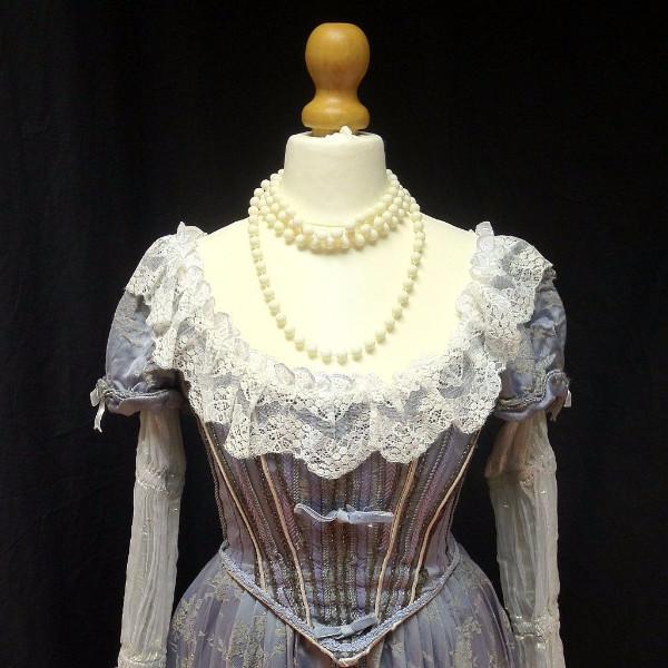 18th Century Dress in Grey Blue & White (HIRE ONLY)