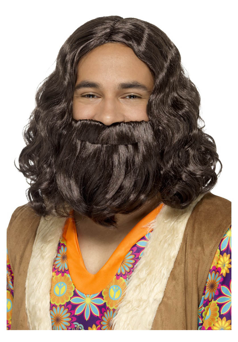 Hippie/Jesus Wig & Beard Set, Brown