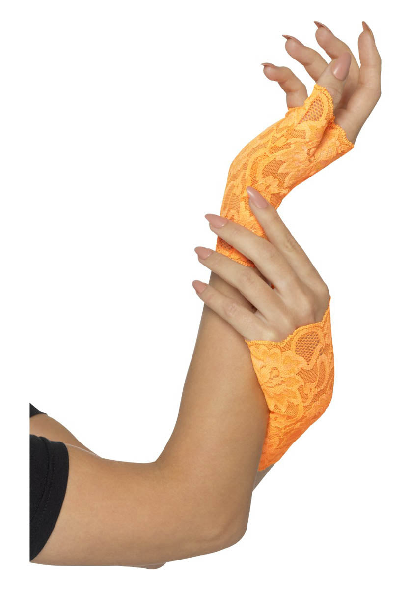 80s Fingerless Lace Gloves, Short, Neon Orange