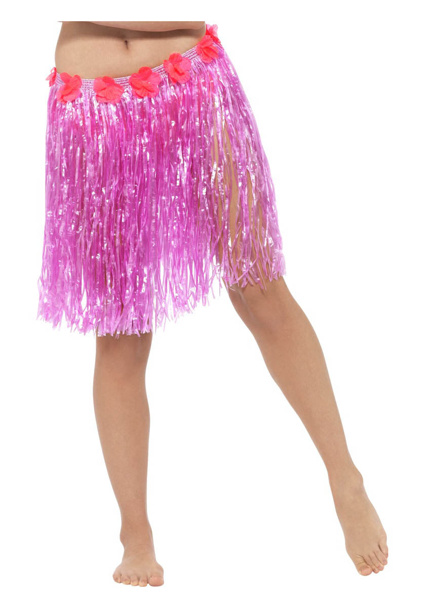 Hawaiian Hula Skirt with Flowers, Neon Pink