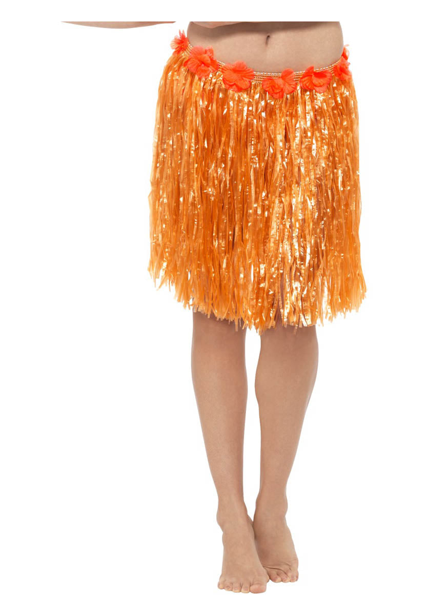 Hawaiian Hula Skirt with Flowers, Neon Orange
