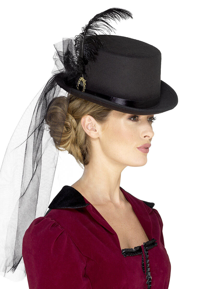 Deluxe Ladies Victorian Top Hat, with Elastic, Bla