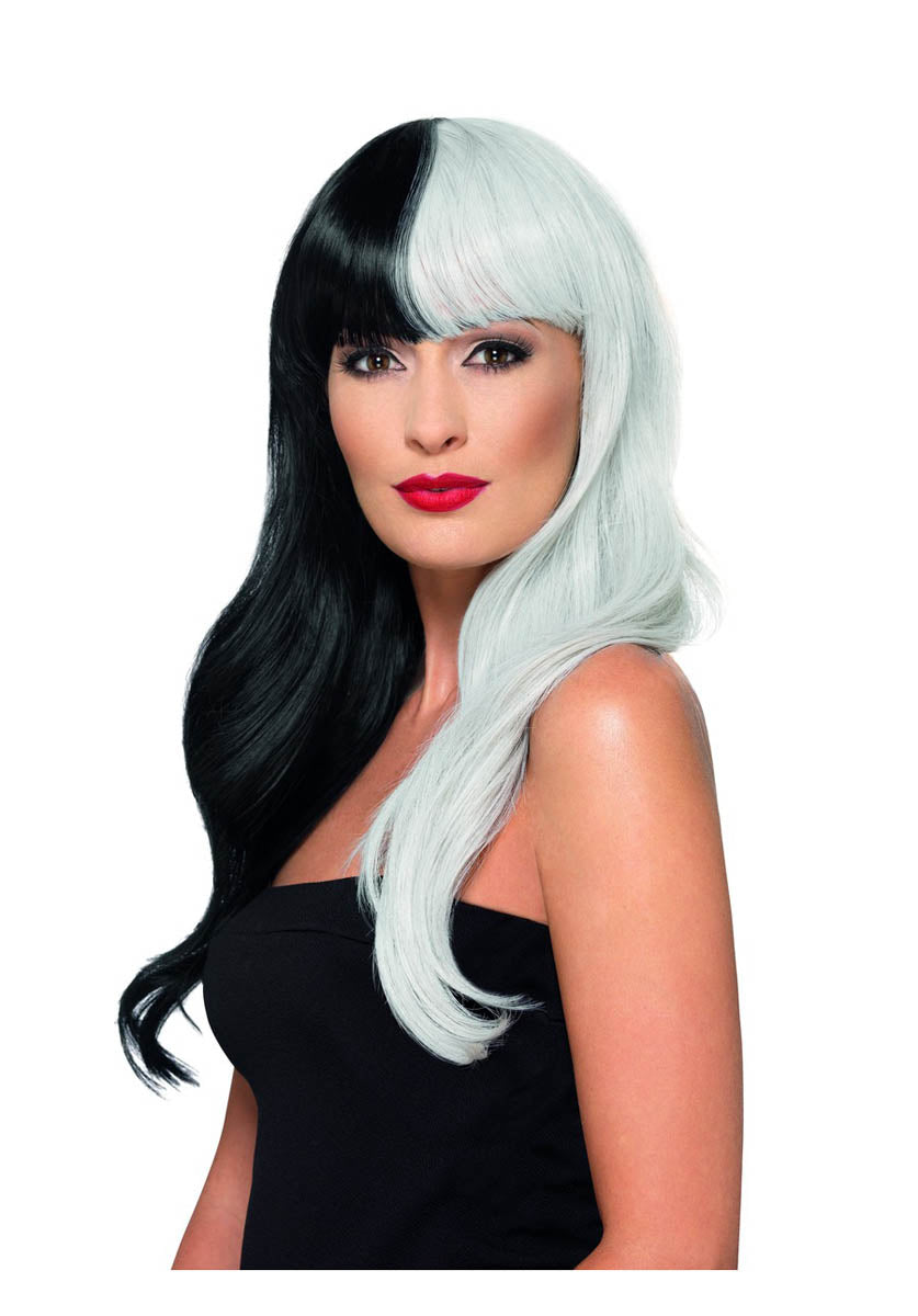 Deluxe Wig, Half & Half With Fringe, Black & Grey