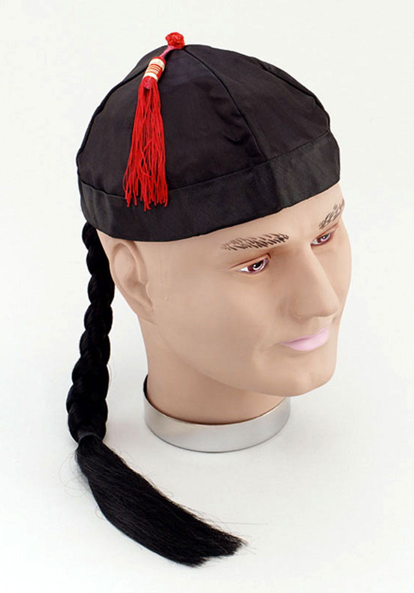 Chinaman Hat with Pigtail Black