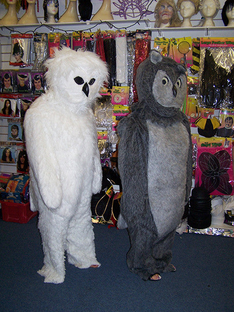 white owl mascot and grey owl mascot HIRE ONLY Mad World Fancy Dress