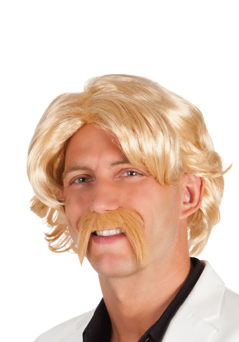 Chuck Blonde Wig with Moustache Mad World Fancy Dress