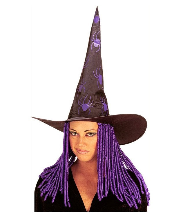 SPIDER WITCH HAT WITH CURLY LOCKS PURPLE