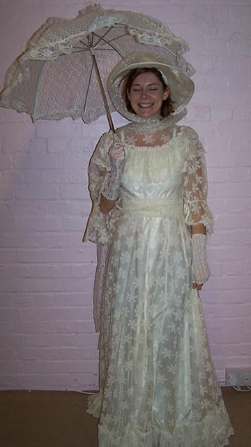 Victorian cream satin and lace dress with hat and parasol (£60 HIRE ONLY)