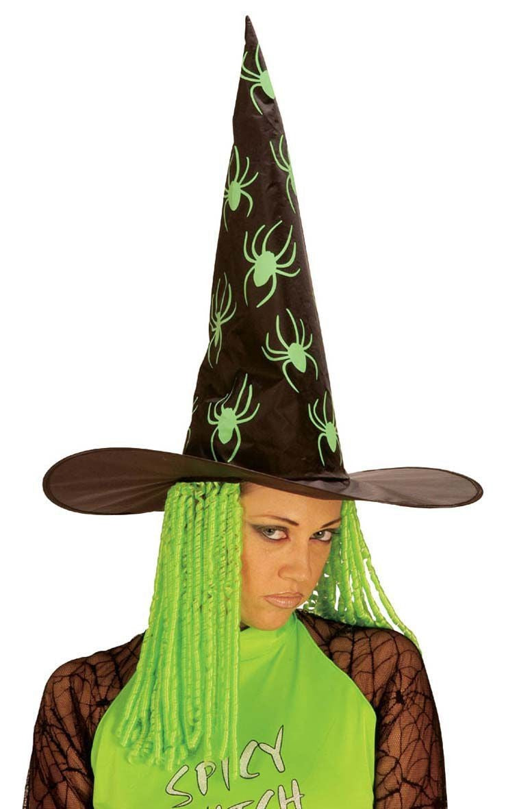 SPIDER WITCH HAT WITH CURLY LOCKS GREEN