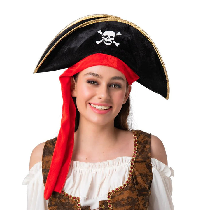 Pirate Hat- Black w/ Gold Trim & Red Bandana