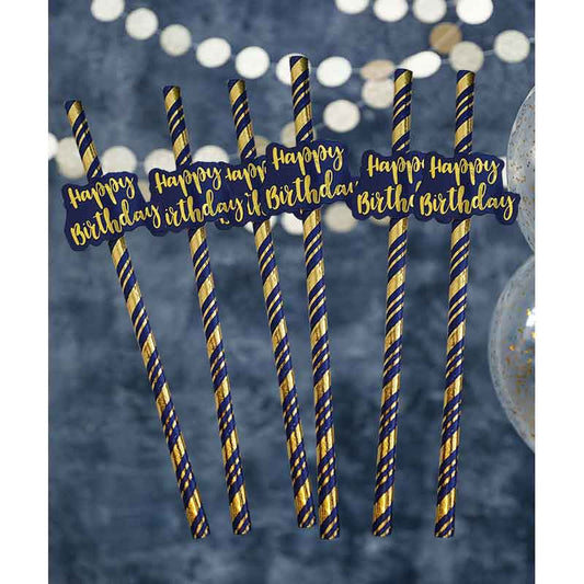 Happy Birthday Navy & Gold Straws