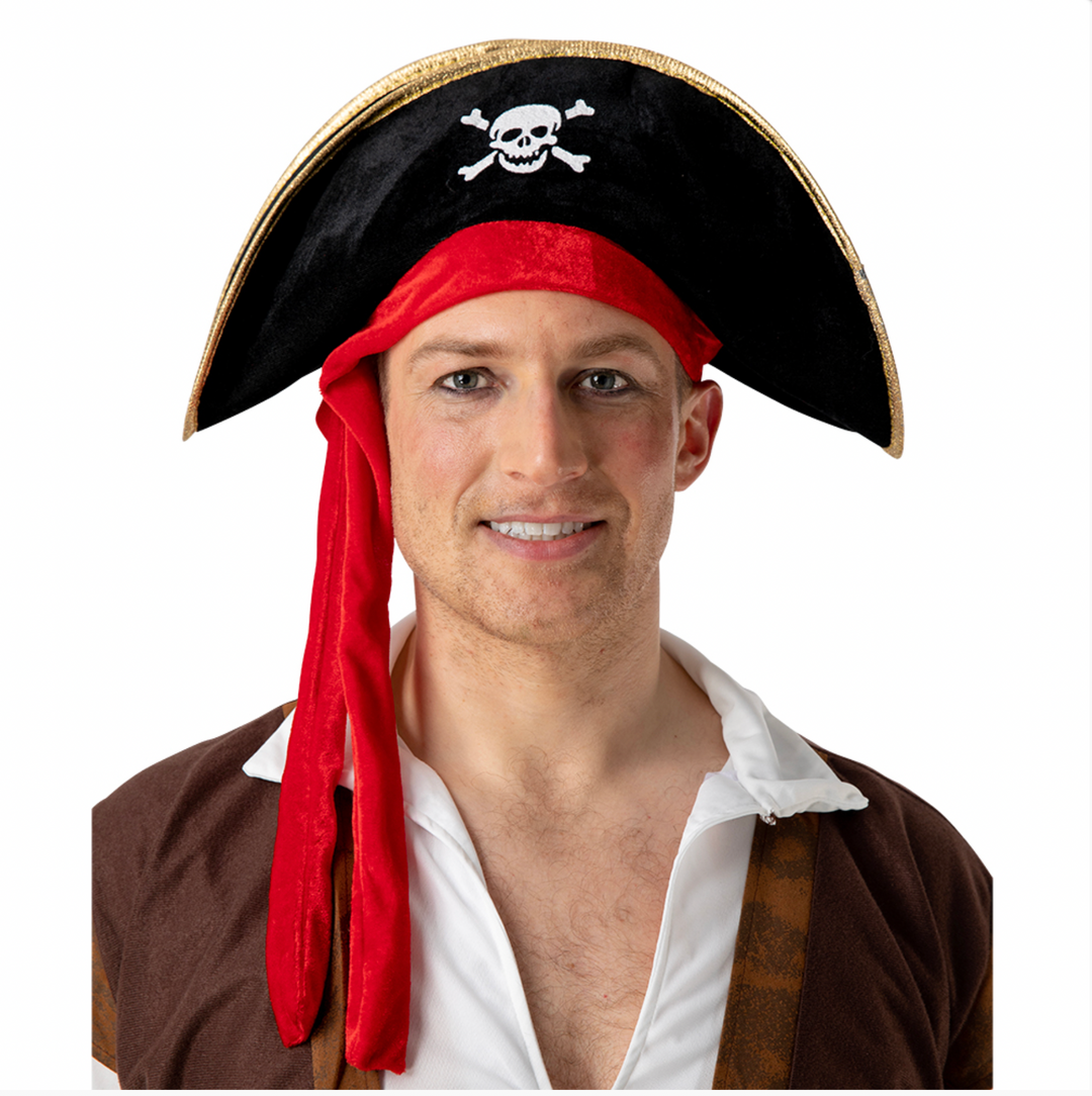 Pirate Hat- Black w/ Gold Trim & Red Bandana