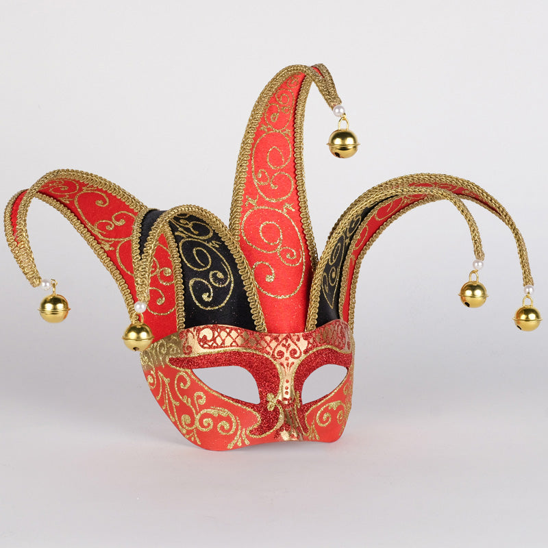 Angled view of Colombina Jolly Brillante Black and Red Venetian mask