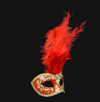 Angled view of Colombina Piume Mezza Red Venetian feather mask