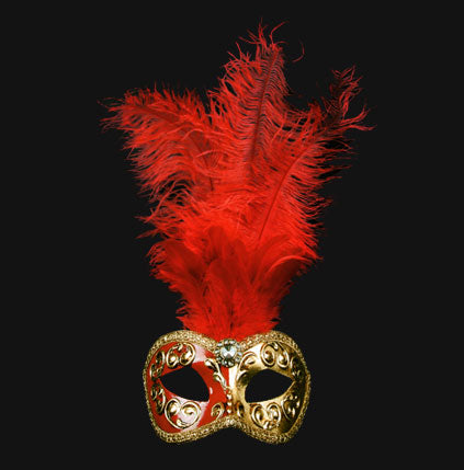 Colombina Piume Mezza Red Venetian mask with red feathers