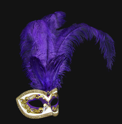 Angled view of Colombina Piume Occhi Purple Venetian feather mask