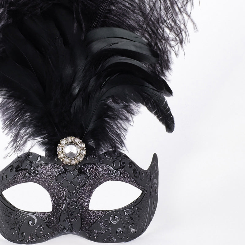Close-up of Colombina Piume Stella All Black mask with ornate detailing