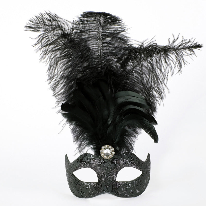 Colombina Piume Stella All Black Venetian mask with black feathers