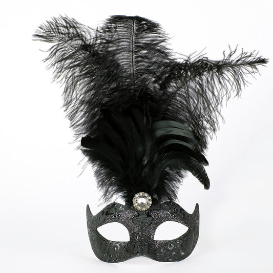 Colombina Piume Stella All Black Venetian mask with black feathers