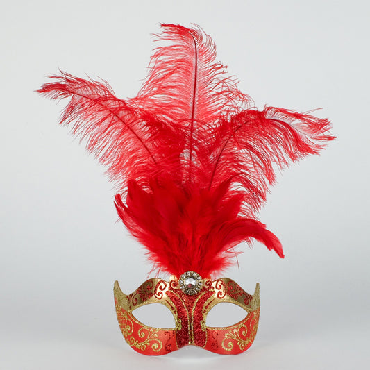 Colombina Piume Stella Gold Red Venetian mask with red feathers