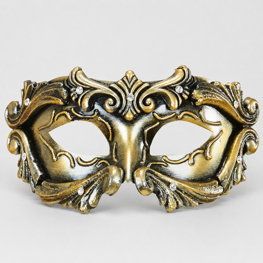Deluxe Baroque Colombina Venetian mask in antique gold with ornate detailing and rhinestones