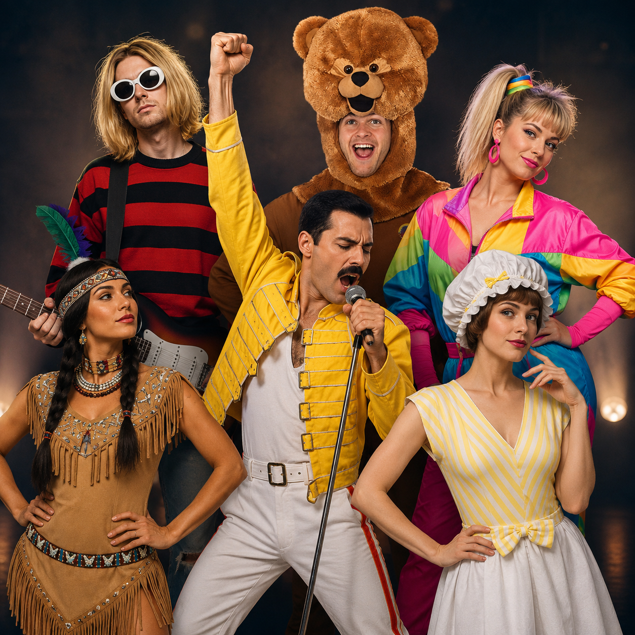 Selection of colourful pre-loved fancy dress costumes available from Mad World