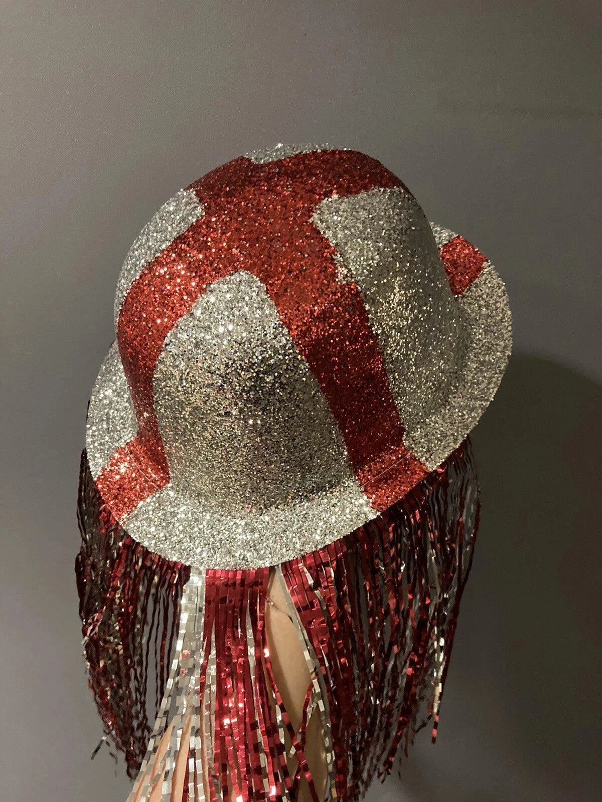 England St George's Cross Bowler Hat Silver Glitter with Tassels