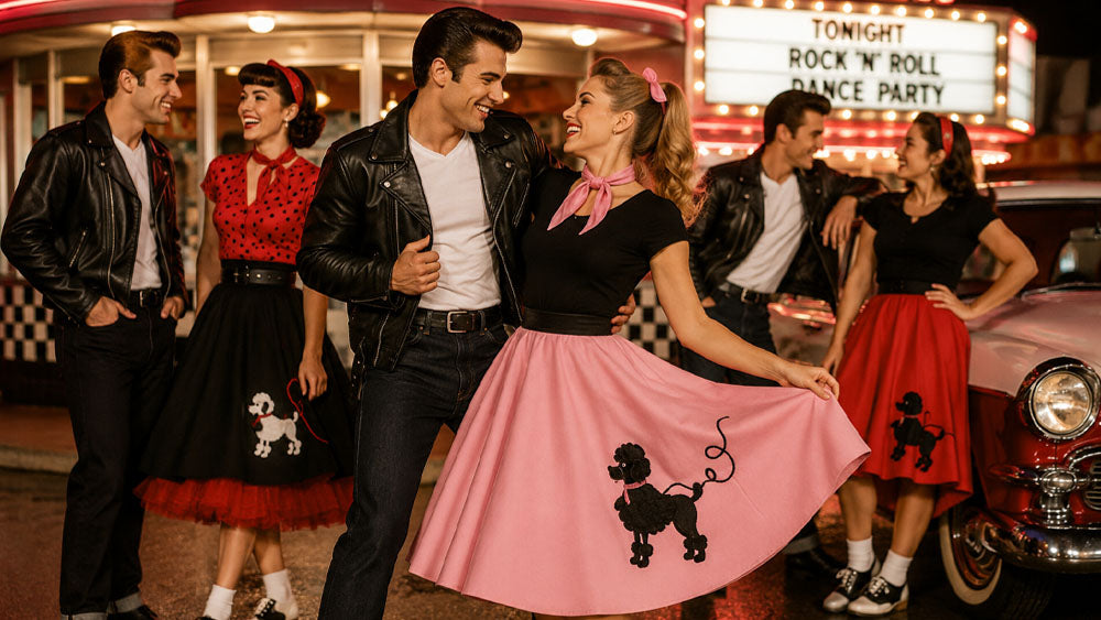 People dressed in 1950s rock and roll costumes inspired by a Secret Cinema themed event.