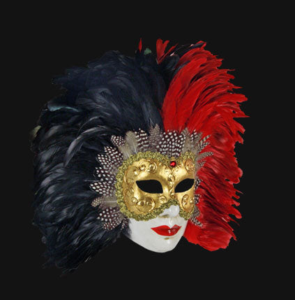 Angled view of Volto Piume Sera Black and Red Venetian feather mask