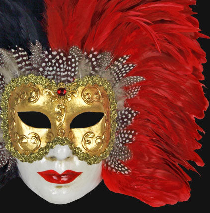 Close-up of Volto Piume Sera Venetian mask with gold detailing and red feathers