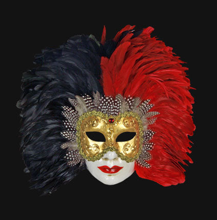 Volto Piume Sera Black and Red Venetian mask with feather headdress
