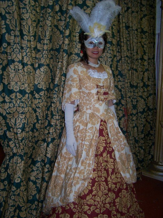 18th cent wine and gold dress customer