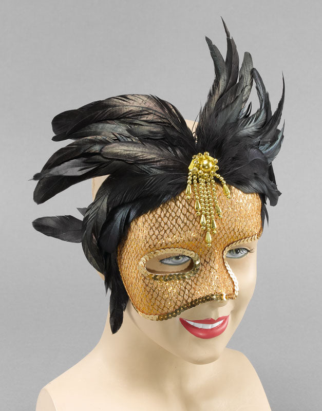 Gold Half Face Feather Mask