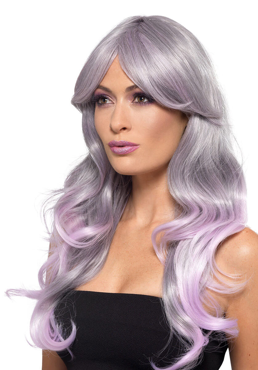 Fashion Ombre Wig, Wavy, Long, Grey & Pastel Pink