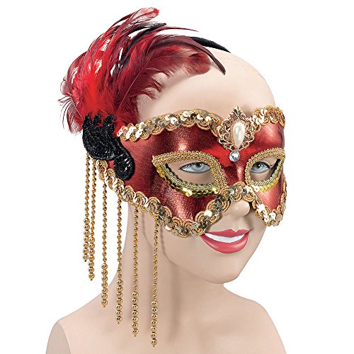 Satin Mask Red With Feathers