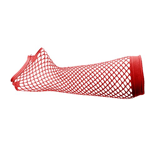 Red fingerless fishnet gloves
