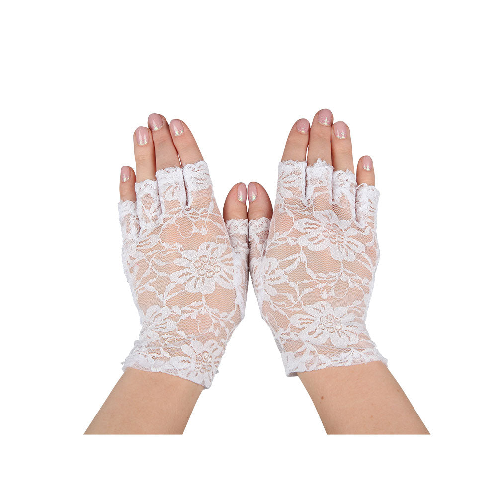 Ladies Short Lace Fingerless Gloves - White (min12)