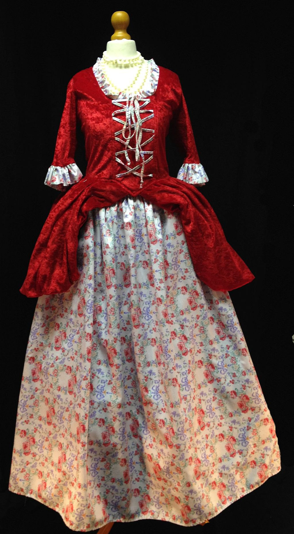 18th Century Dress in Red, White and Floral Fabric (£50.00 HIRE ONLY)