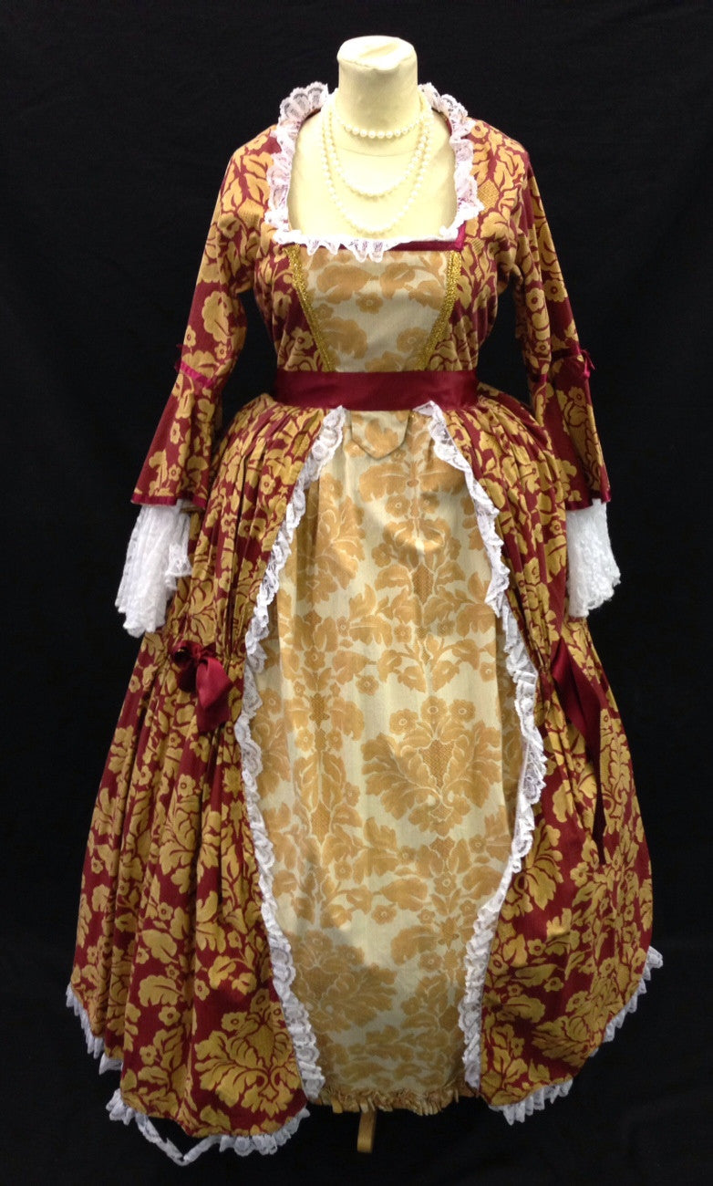 18TH CENTURY DRESS IN BURGUNDY GOLD AND WHITE LACE 