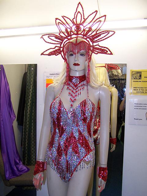 red and silver vegas sequin leotard and carnival headdress (HIRE ONLY)