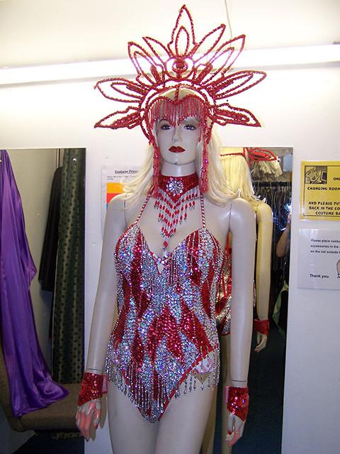 red and silver vegas sequin leotard and carnival headdress (£70.00 HIRE ONLY)