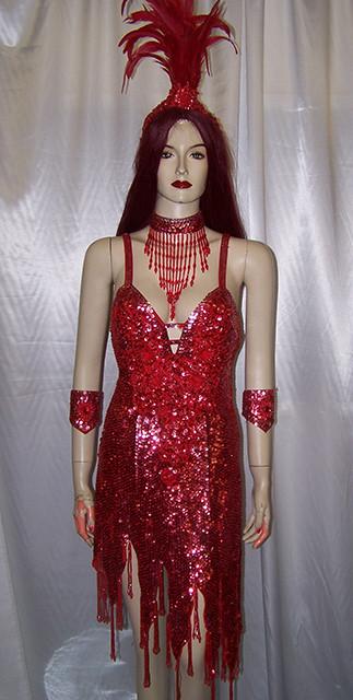 red sequin vegas showgirl dress and feathered headdress (£70.00 HIRE ONLY)
