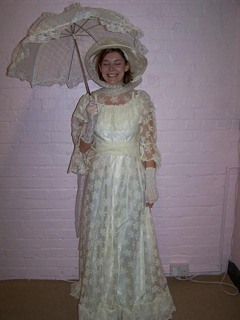victorian cream satin and lace dress with hat and parasol (HIRE ONLY)